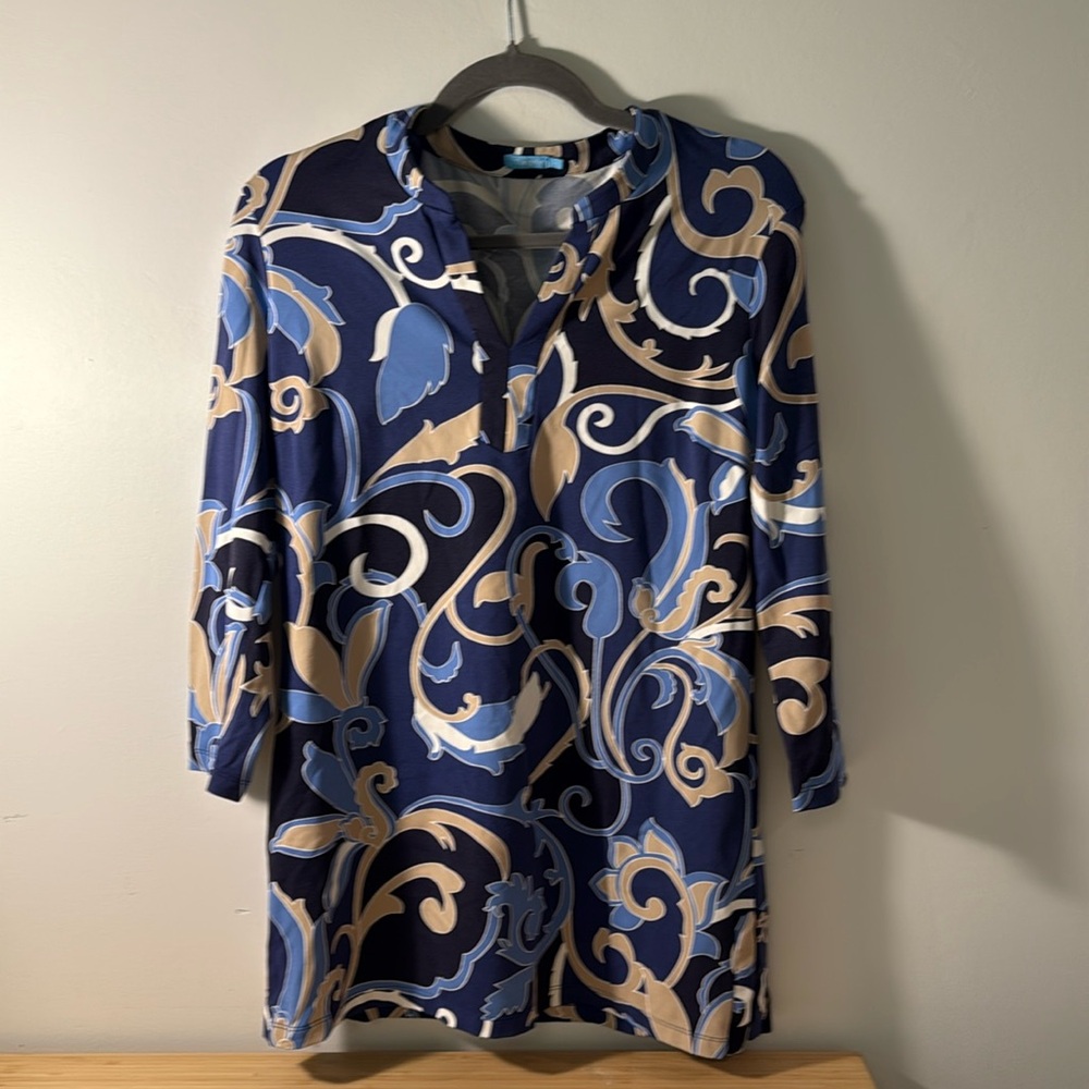 J. McLaughlin Kiara Scuba Knit Tunic in Navy Blue Floral Paisley M